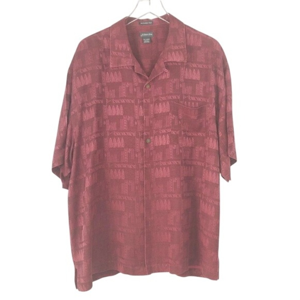 St. John's Bay Wine Red Jacquard 100% Silk Short Sleeve Button Up Men's Size XXL